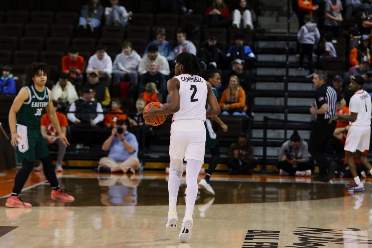 Bowling Green, Ohio- Falcons Junior Guard Javontae Campbell (2) scans the court to find open passing lanes for the Falcons.