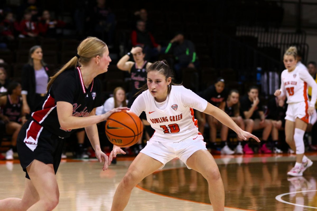 Bowling Green, Ohio- Falcons Sophomore Guard Paige Kohler (10) locks down the NIU offense at the Stroh Center.