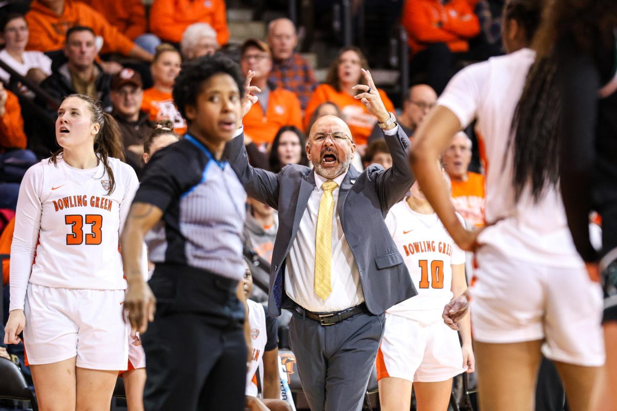 Bowling Green, OH - Falcons head coach Fred Chmiel expresses his frustration with a call made against BG while playing the Eagles at the Stroh Center in Bowling Green, Ohio.