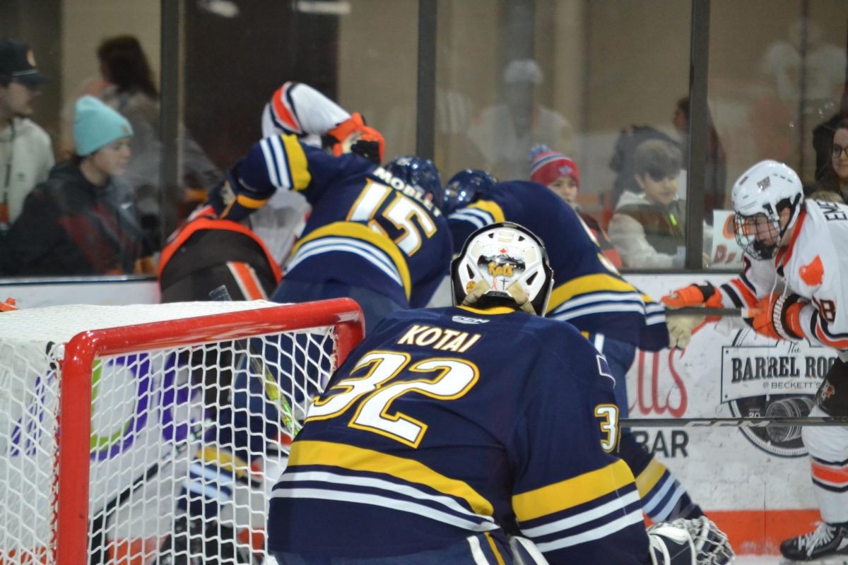 Bowling Green, OH- A group of Falcons battle it out with Augustana for the puck behind Augustana's net at the Slater Family Ice Arena in Bowling Green, Ohio.