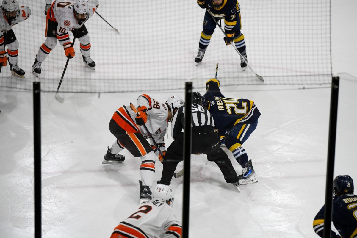 Bowling Green, OH - Falcons junior forward Jaden Grant (28) taking a face off at Slater Family Ice Arena in Bowling Green, Ohio.