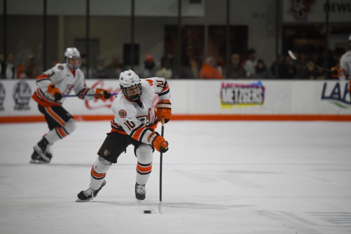 Bowling Green, OH - Falcons freshman forward Adam Zlnka (10) pushing up the ice with the puck at Slater Family Ice Arena in Bowling Green, Ohio.