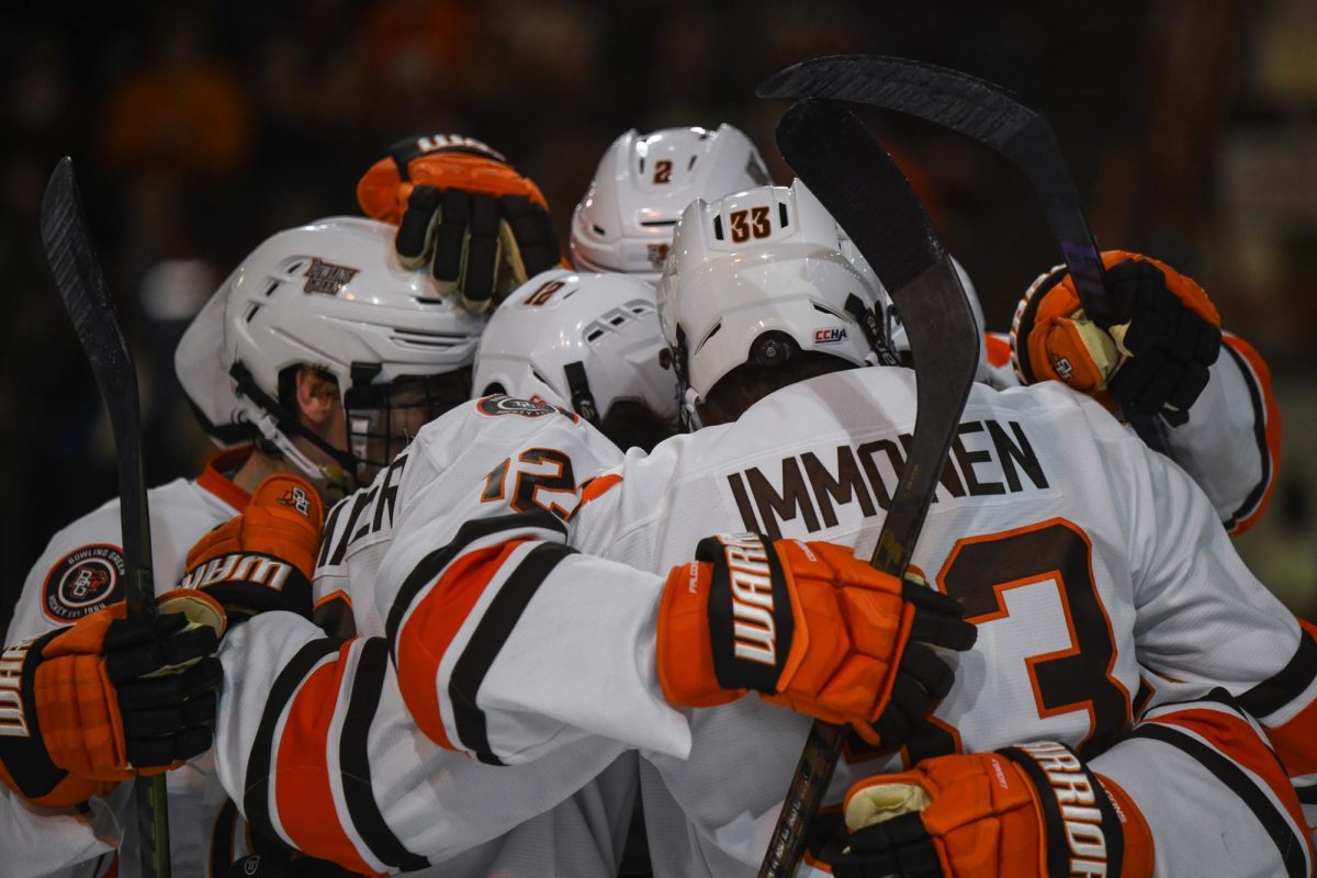 Bowling Green, OH - Falcons celebrating the goal in the first period by graduate forward Seth Fyten (21) at Slater Family Ice Arena in Bowling Green, Ohio.