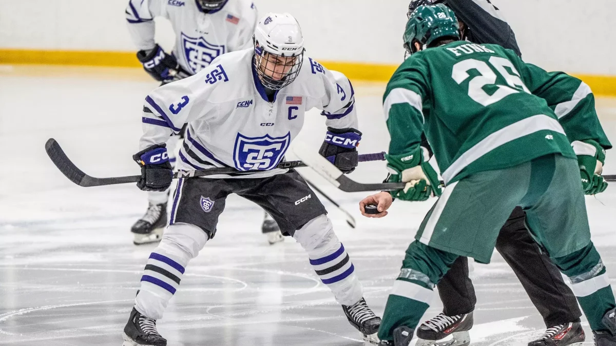 Lucas Wahlin (St. Thomas) and Reilly Funk (Bemidji State)