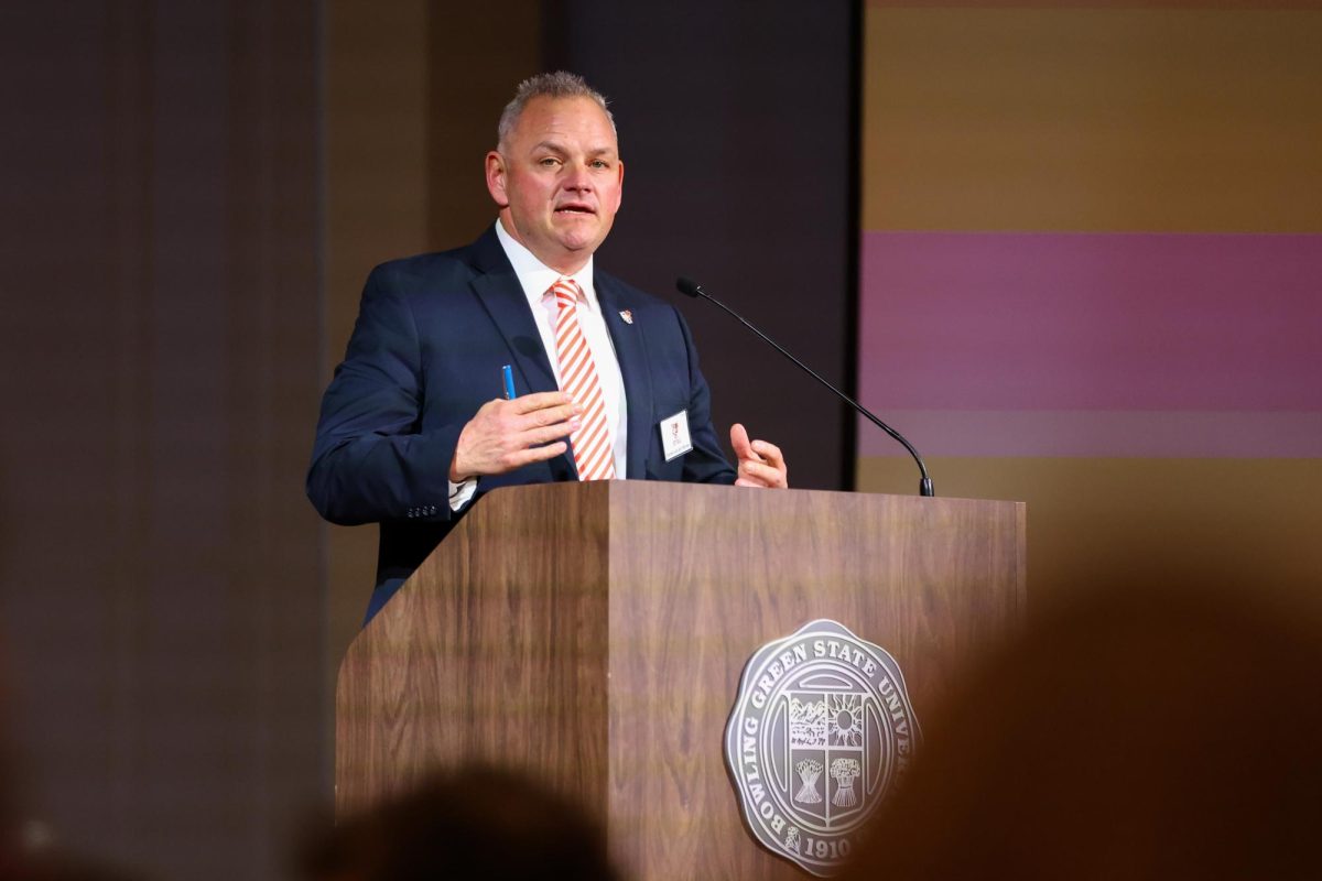 Bowling Green, OH - BGSU's Director of Athletics, Derek van der Merwe, speaks at the opening of the 2025 Softball First Pitch Dinner in Bowling Green, Ohio.