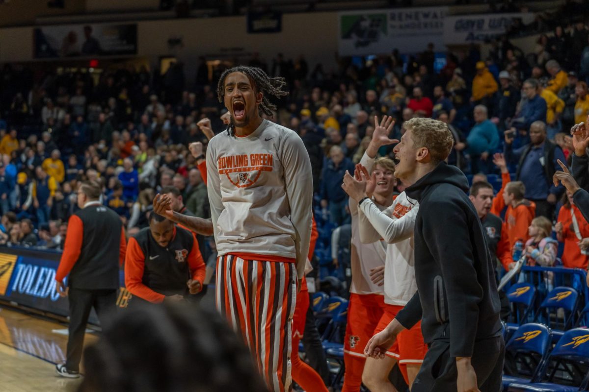 Toledo, OH- The Falcon bench goes nuts after a late call at Savage Arena in Toledo, Ohio.