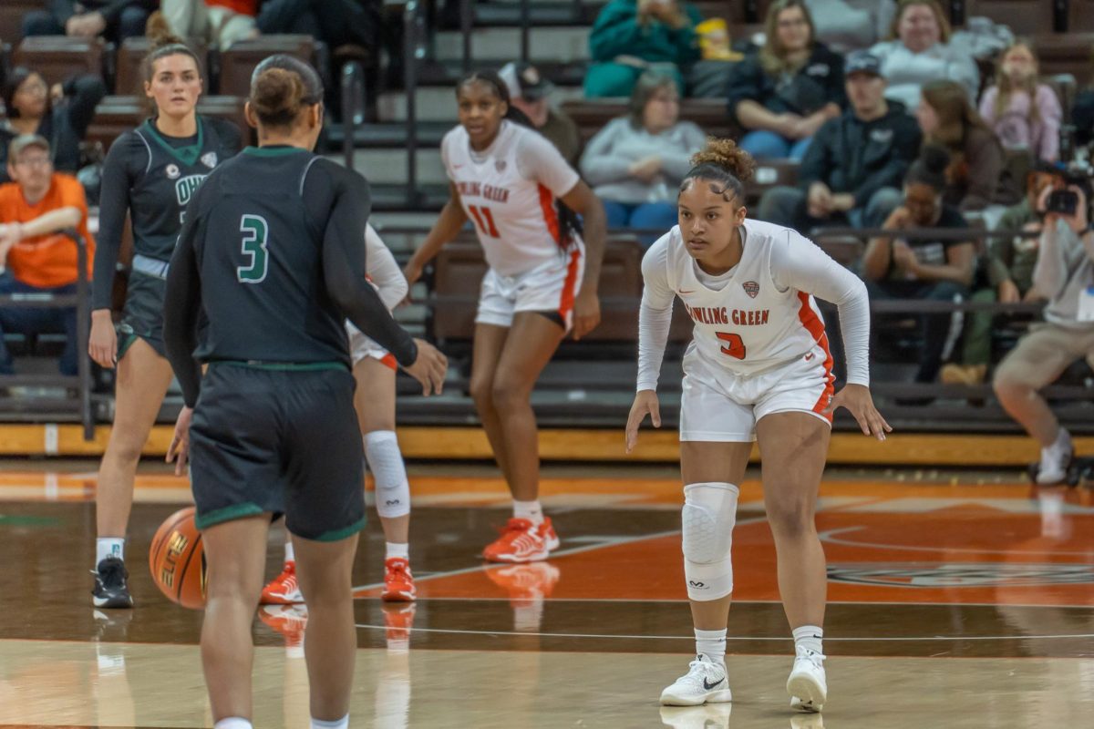 Bowling Green, OH- Falcons freshman guard Johnea Donahue (3) defends against the oncoming Bobcat attack at the Stroh Center in Bowling Green, Ohio