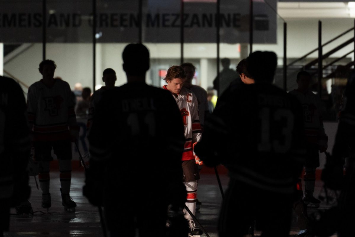 Bowling Green, OH- Falcons senior forward Ryan O'Hara locks in during introductions at the Slater Family Ice Arena in Bowling Green, Ohio.