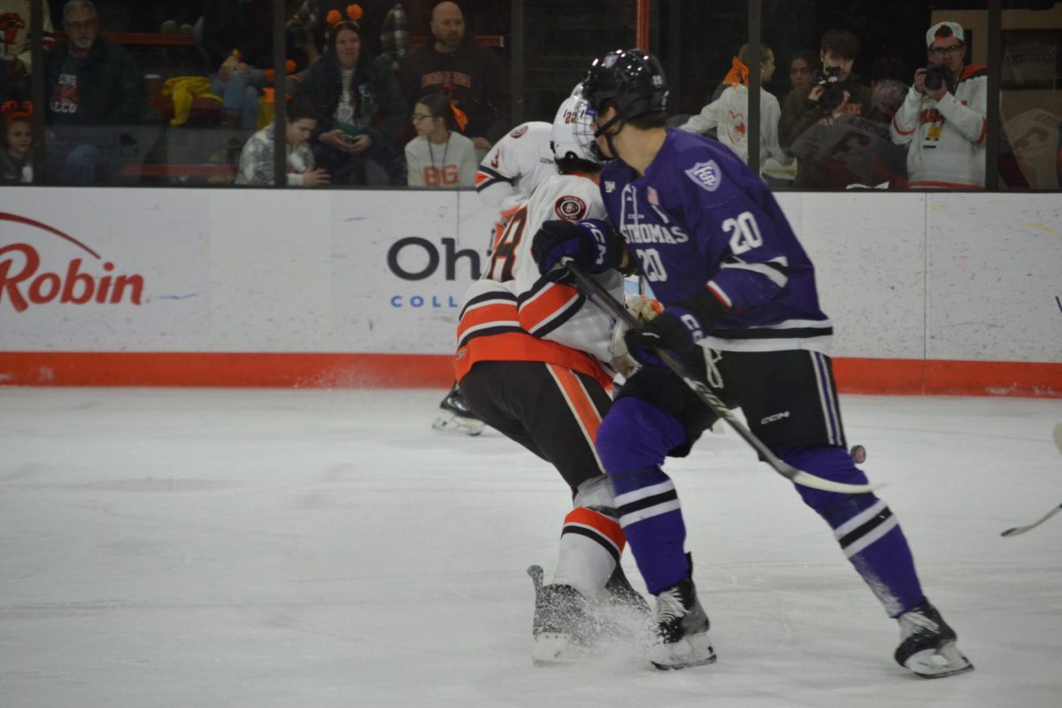 Bowling Green, Ohio - Falcons junior forward Jaden Grant (28) of the Falcons racing towards the puck at the Slater Family Ice Arena.