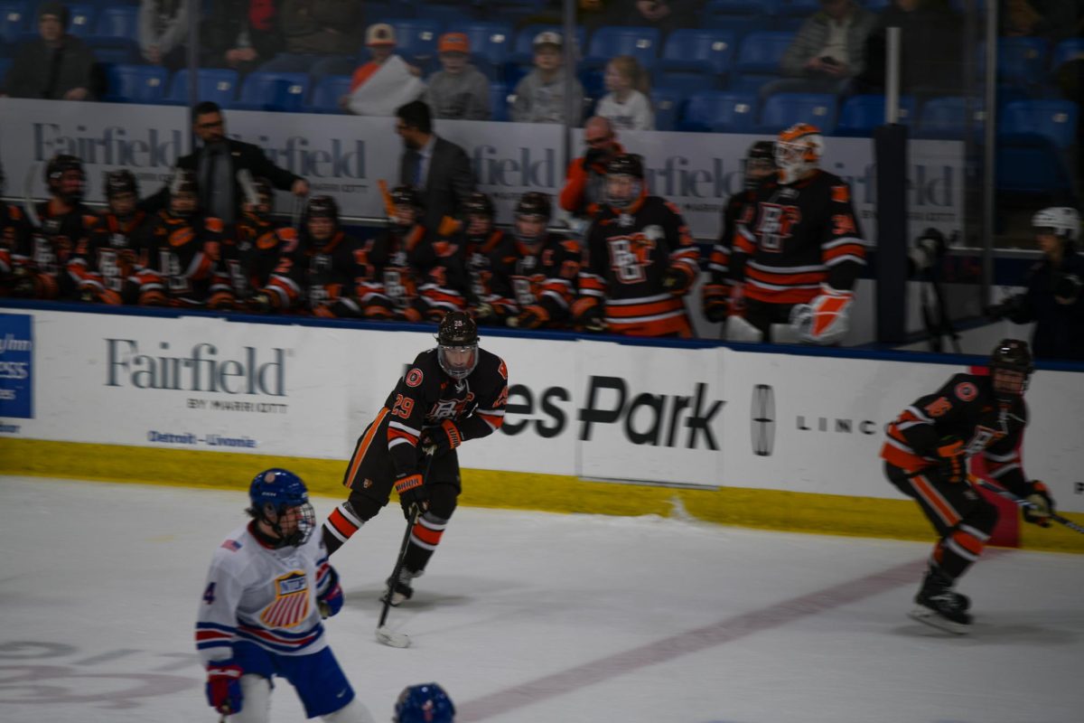 Plymouth, MI - Falcons sophomore forward Brody Waters (29) pushing up the ice at USA Hockey Arena in Plymouth Michigan.