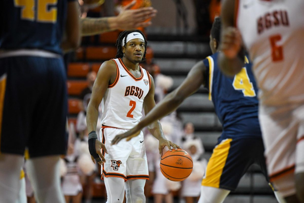 Bowling Green, OH - Falcons junior guard Javontae Campbell (2) waiting for the play to develop at the Stroh Center in Bowling Green, Ohio.