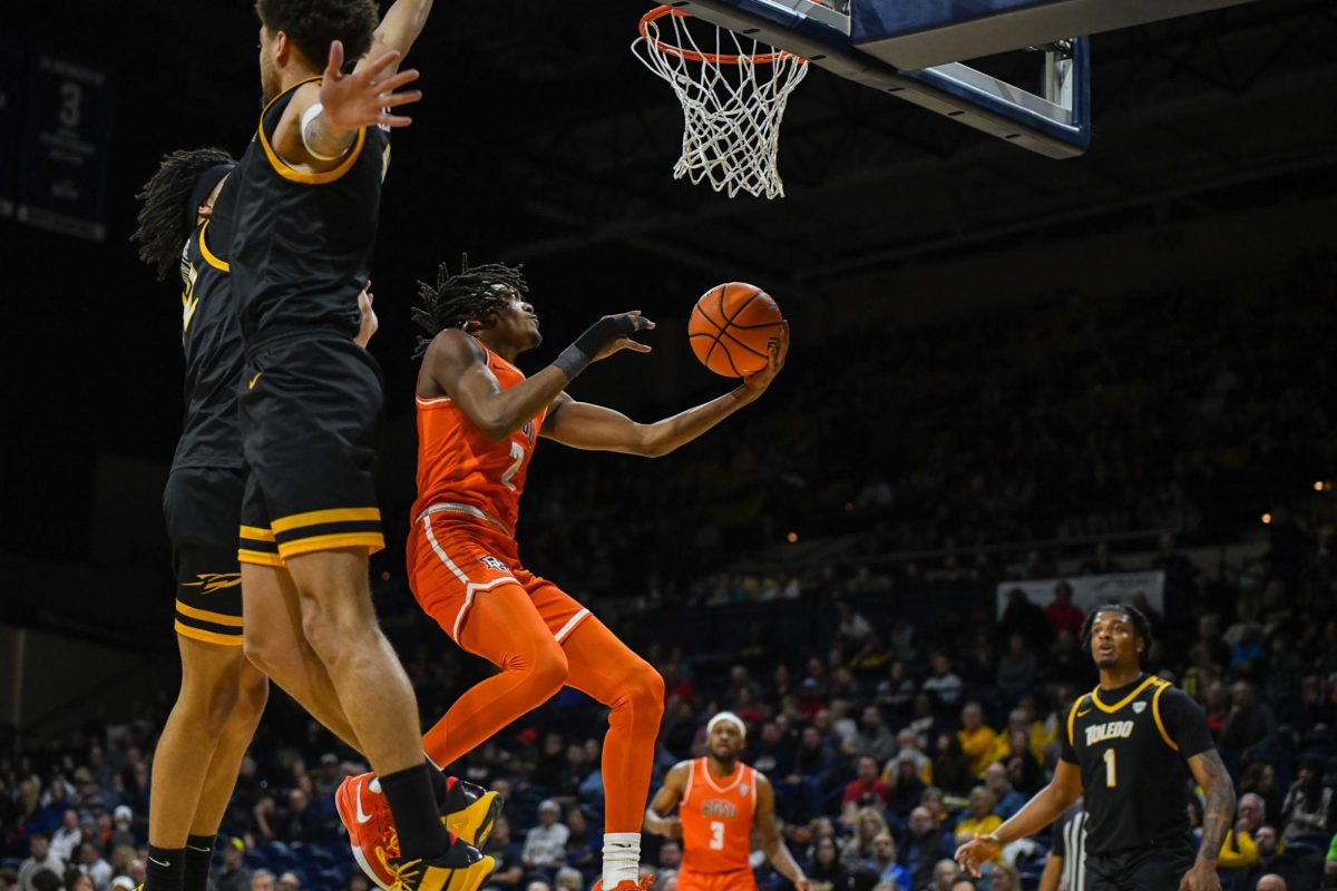 Toledo OH - Falcons junior guard Javontae Campbell (2) going up for a tough layup at Savage Arena in Toledo, Ohio.