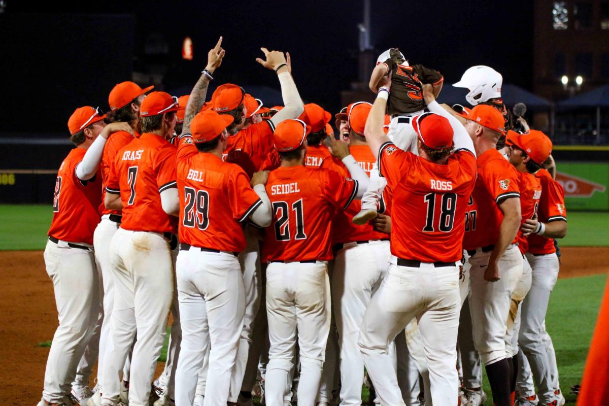 BGSU celebrates 8-6 win over Toledo in Fifth Third Field game on May 17, 2024.