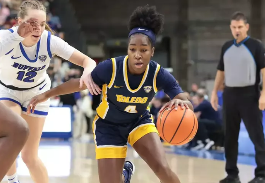 Toledo sophomore guard Kendall Carruthers getting into position to hit a game-winning three-pointer to beat Buffalo