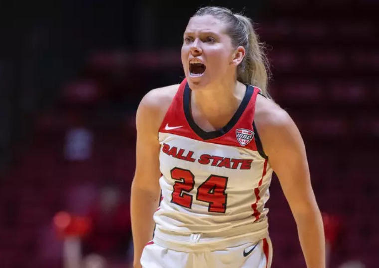 Ball State senior guard Madelyn Bischoff yelling out during a game