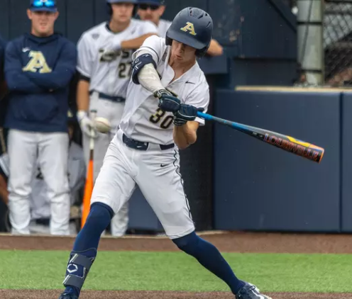 Akron outfielder Jack Poist swinging for a grand slam against Radford