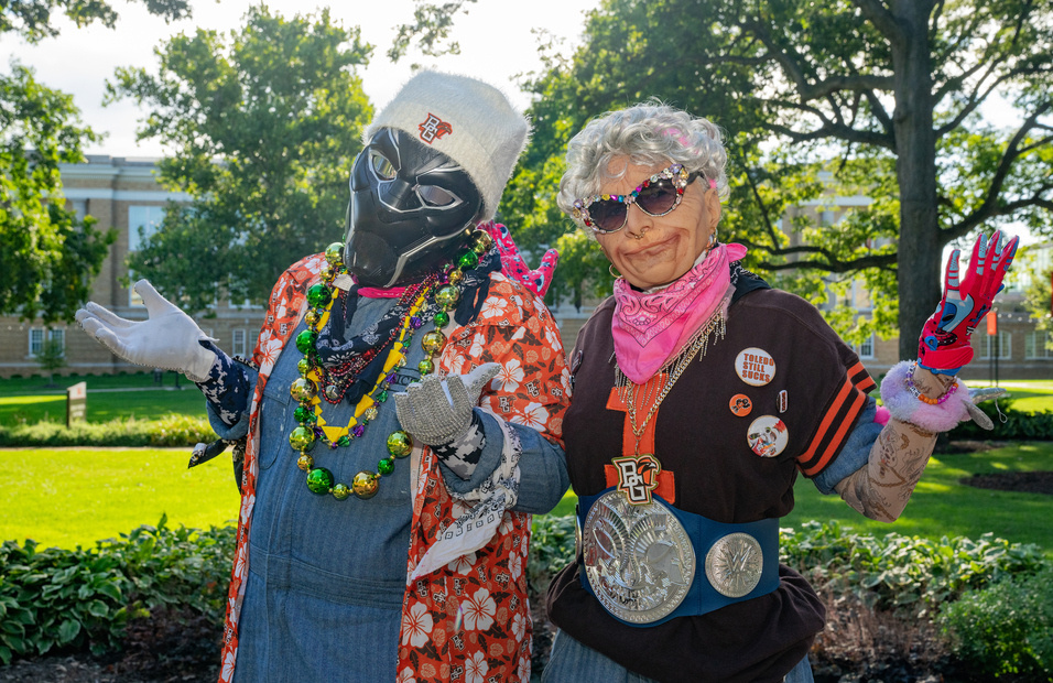 Granny and Black Panther prepare to be revealed at a hype-up event (photo via BGSU).