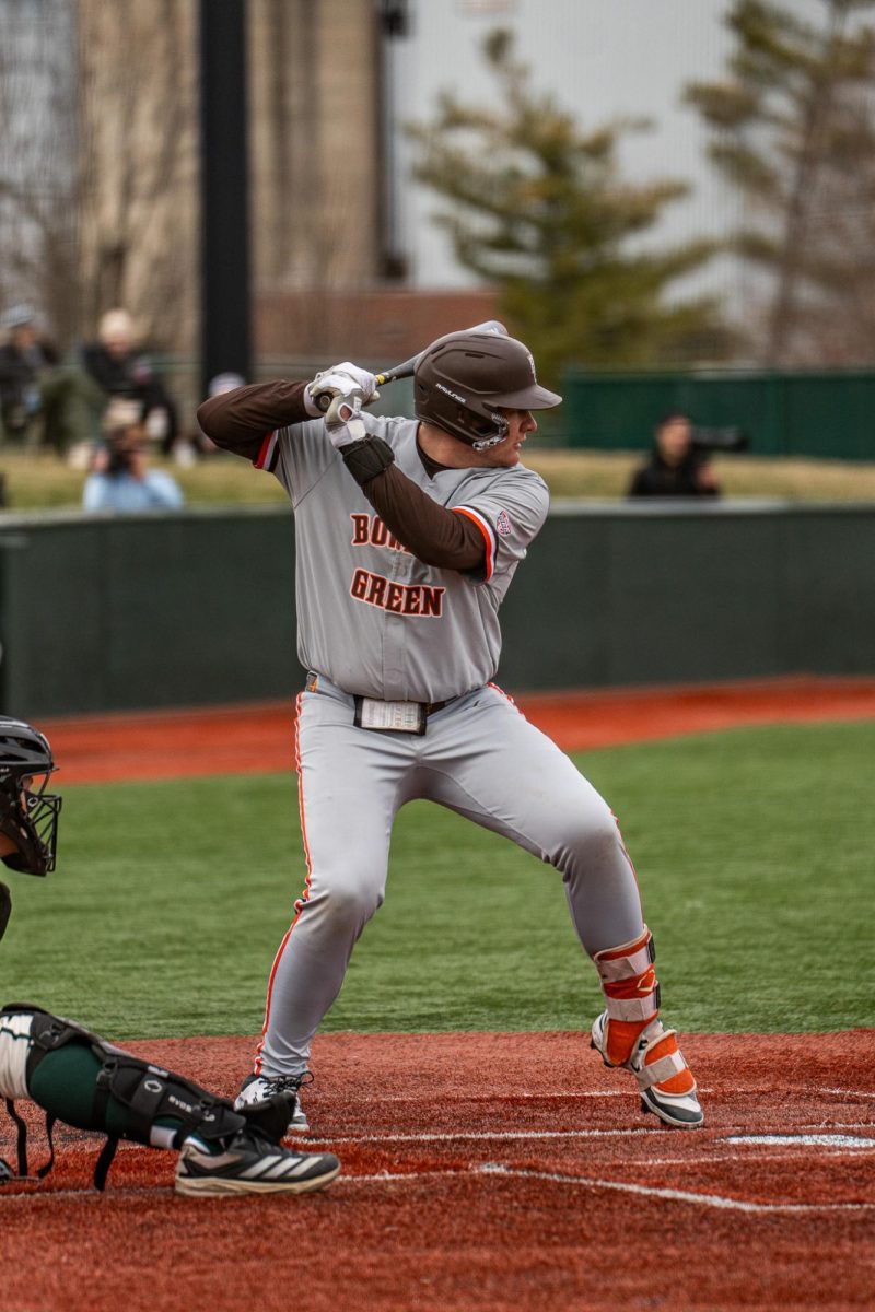 Athens, OH- Falcons sophomore first baseman Brady Birchmeier (43) prepares to swing at Bob Wren Stadium in Athens, Ohio.