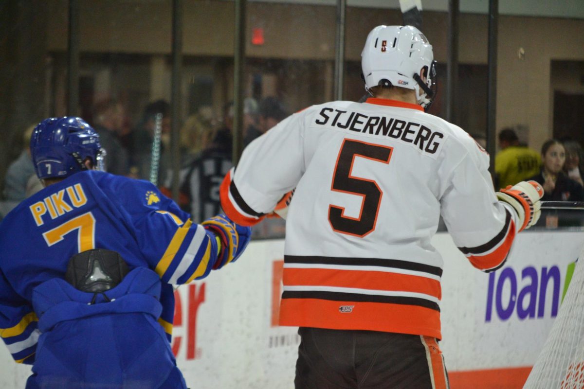 Bowling Green, OH- Falcons sophomore defender Gustav Stjernberg (5) shoves a Laker into the boards at the Slater Family Ice Arena in Bowling  Green, Ohio.