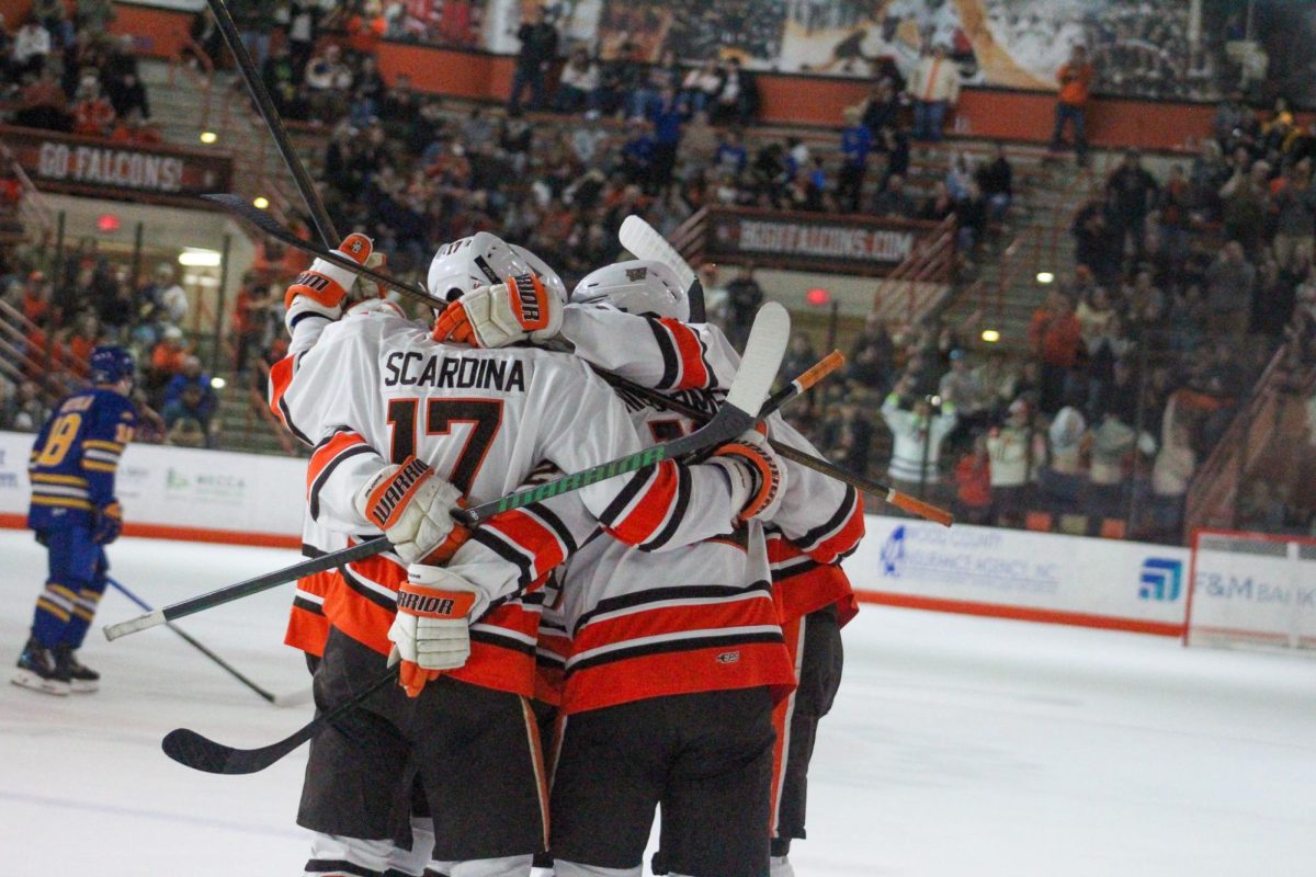 Bowling Green, OH- Falcons celebrate after a goal at the Slater Family Ice Arena in Bowling Green, Ohio.