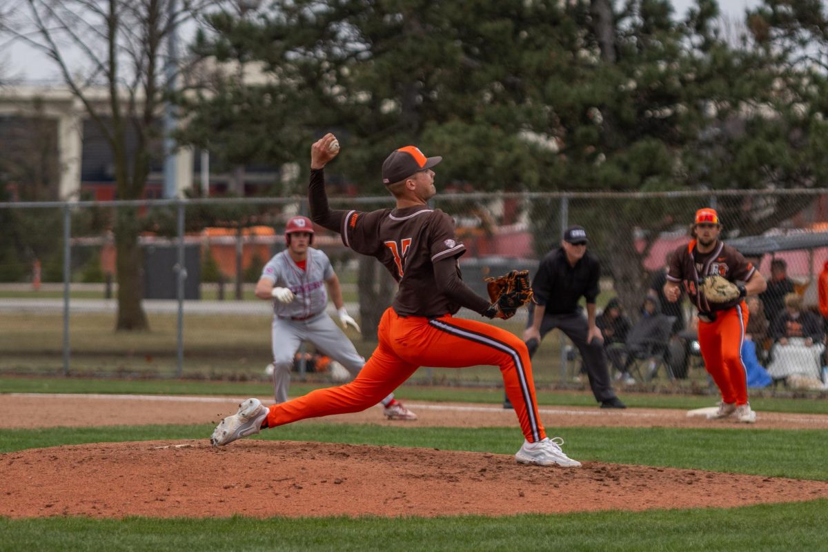 Bowling Green, OH- Falcons junior pitcher Luke Krouse (27) fires one towards the plate at Steller Field in Bowling Green, Ohio.