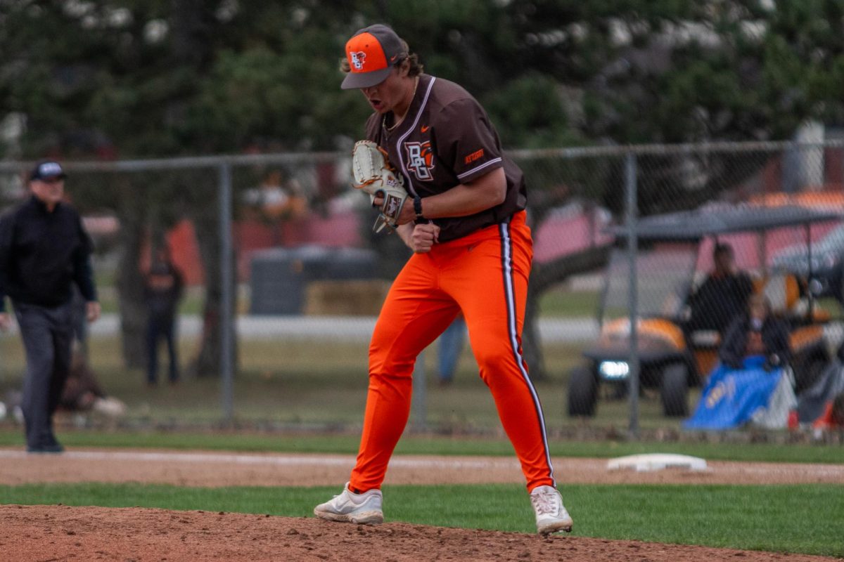 Bowling Green, OH- Falcons sophomore pitcher Owen Poole (22) is fired up after a strikeout at Steller Field in Bowling Green, Ohio.