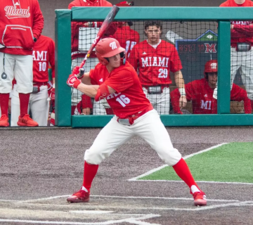 Miami first baseman Evan Appelwick waiting for a pitch.