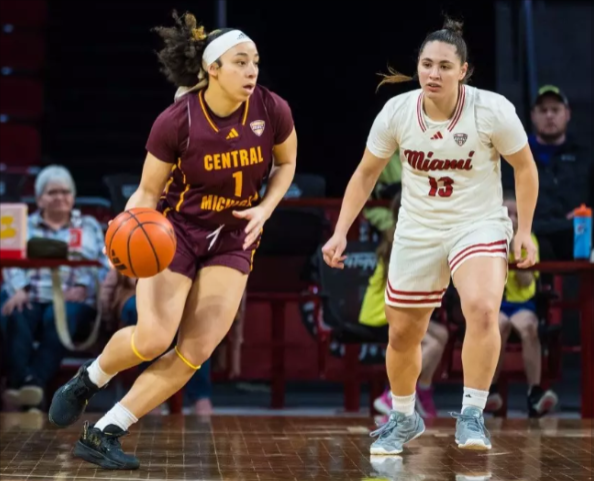 Central Michigan senior guard Lisa Tesson dribbling around Miami freshman guard Tamar Singer