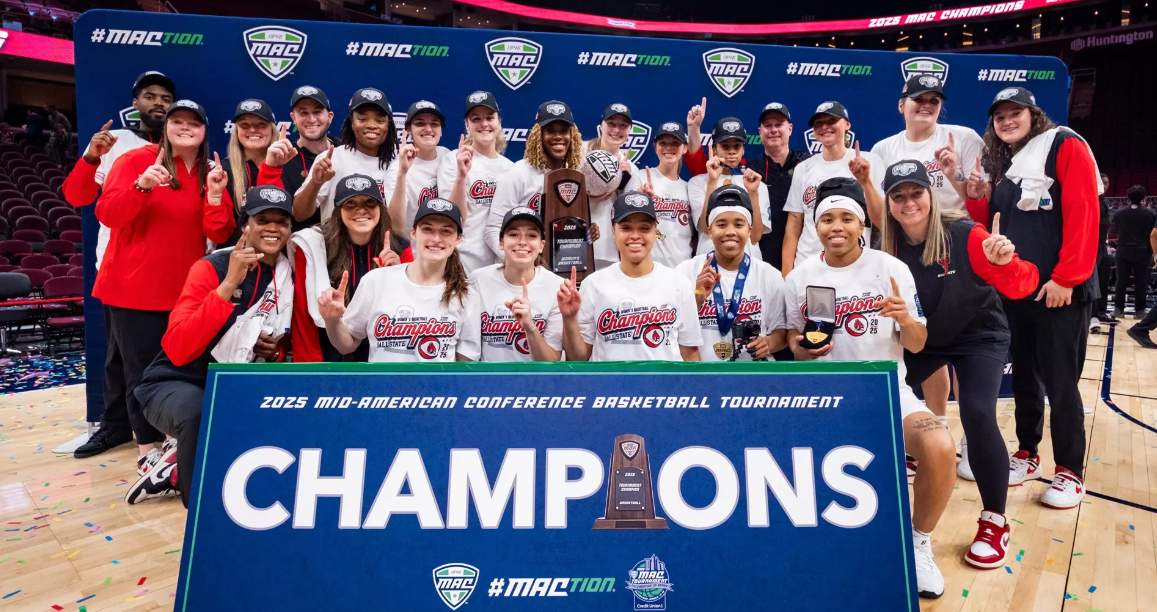 Ball State poses with championship banner after winning the 2025 MAC Tournament