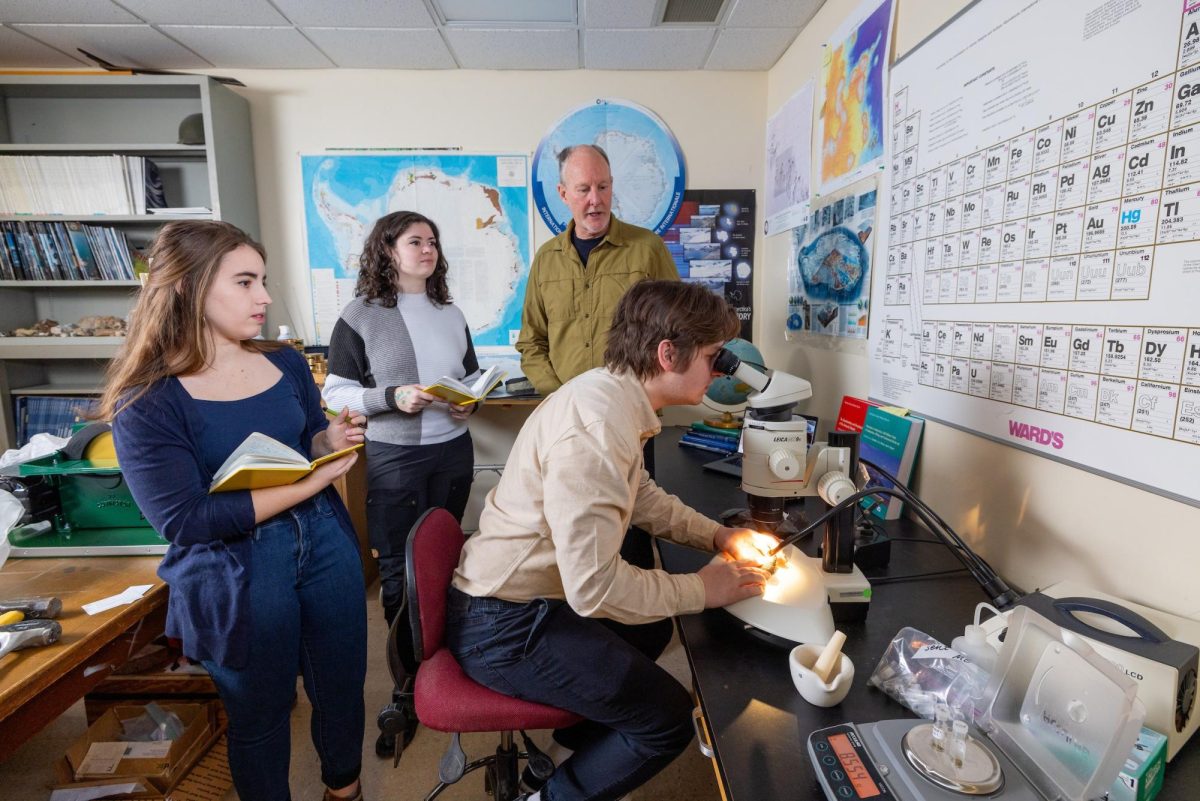 BGSU students Katie Shanks ’24 (left), Jacci Kalemba ’24 (center) and Robert O'Conke (seated) will play starring roles in a research trip to Antarctica. 