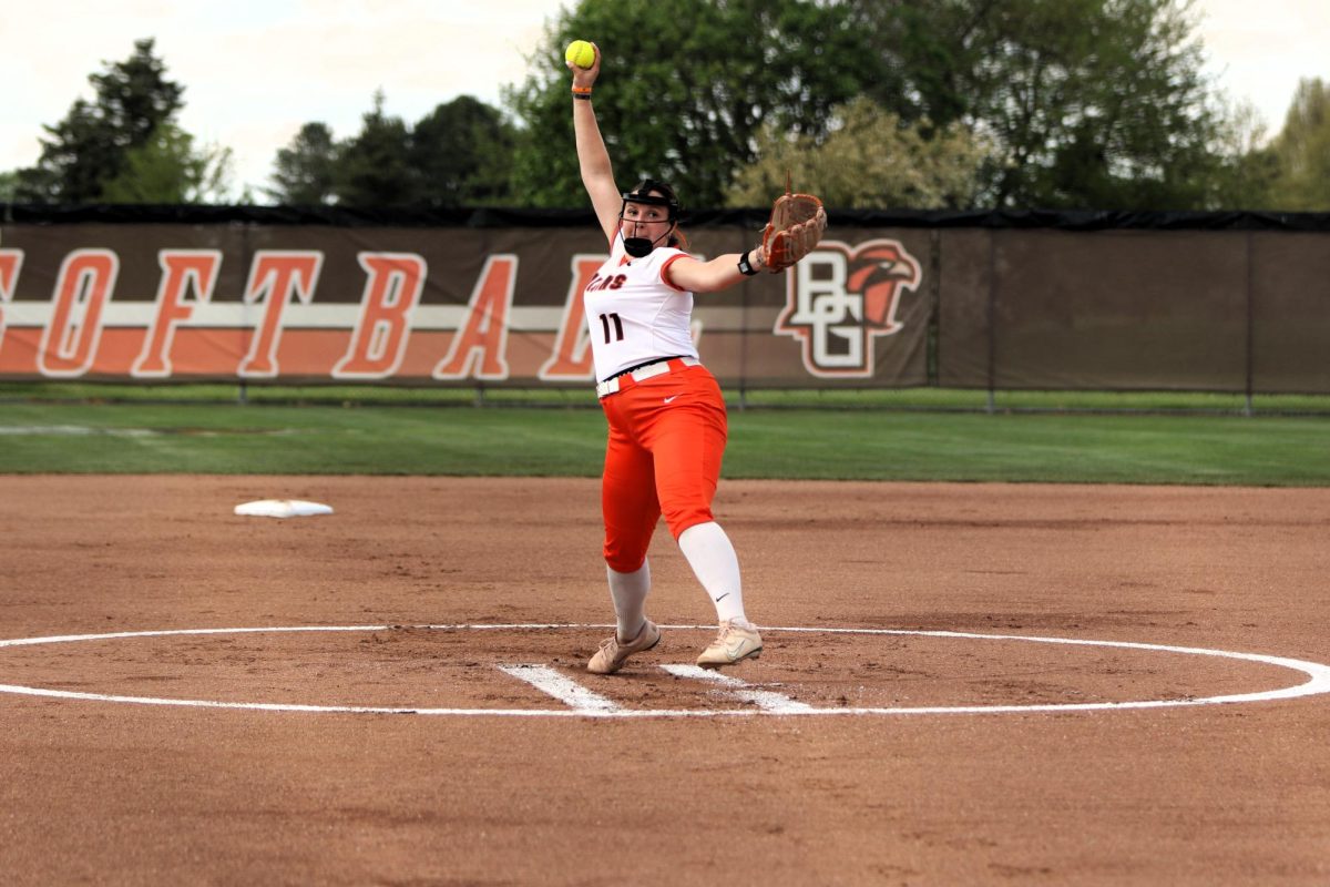 Bowling Green, Ohio - Falcons Junior Pitcher Mackenzie Krafcik (11) takes the mound to start the game against the Colonials at Meserve Field.