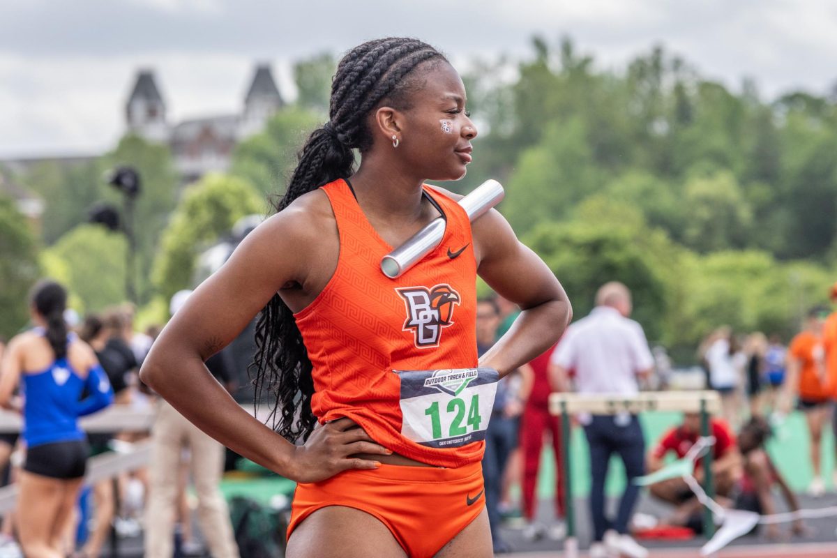 Athens, OH- Falcons sprinter Morgan Patterson awaits the 4x100m dash at Goldsberry Track in Athens, Ohio. 