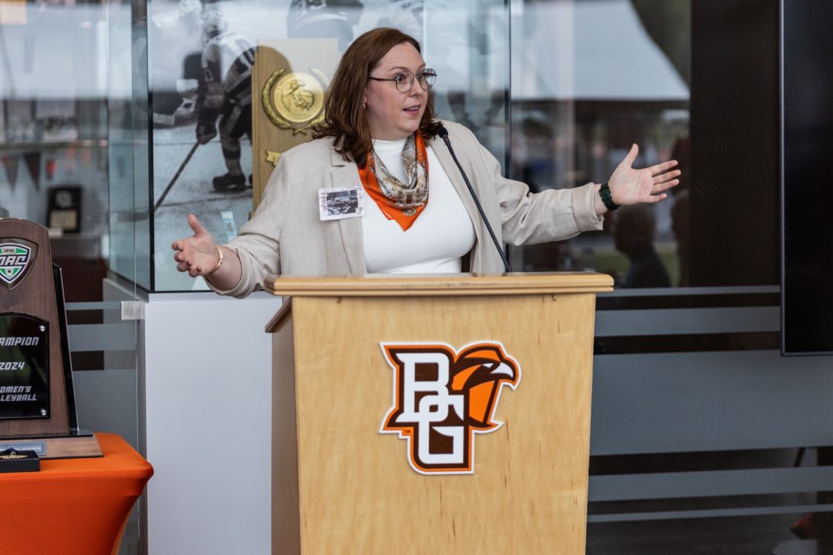 Bowling Green, OH- Former Falcon volleyball player Stephanie Swiger (’08) gives her keynote speech at the BGVB Dream BiG event in the Stroh Center in Bowling Green, Ohio.