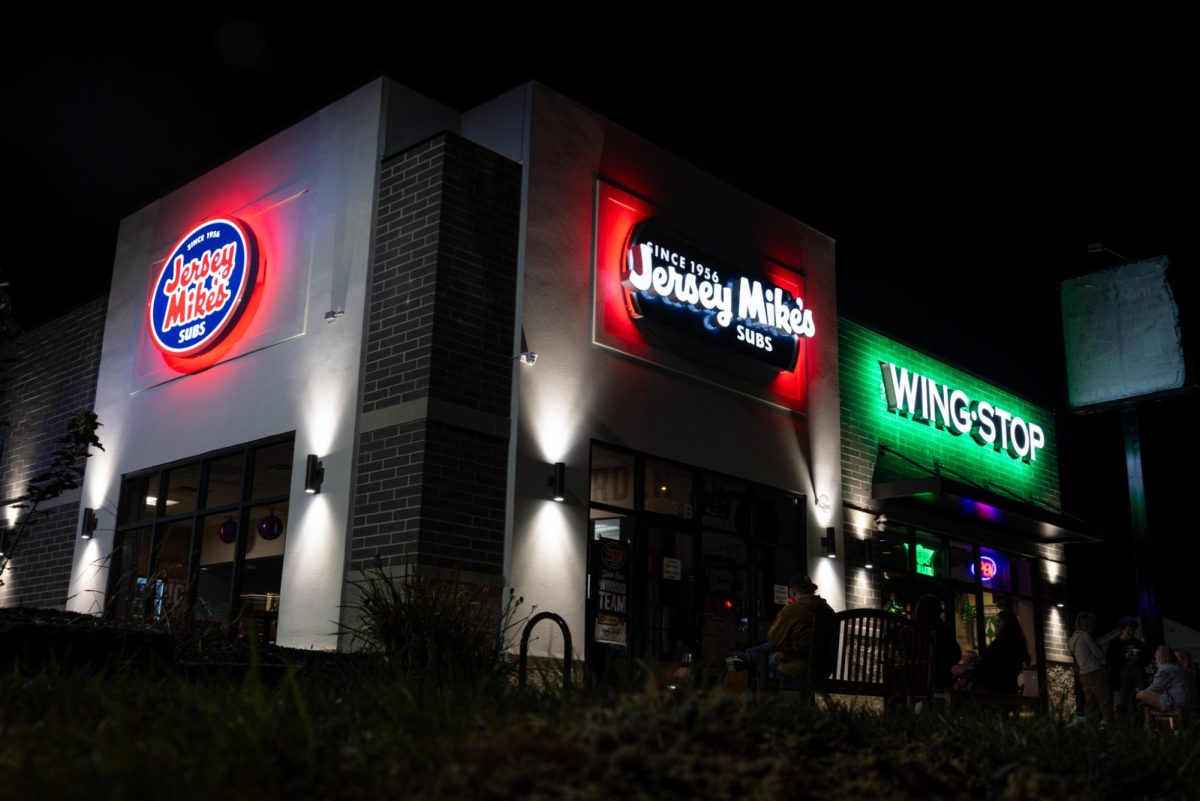 Bowling Green, OH - A late night photo taken of Jersey Mike's and Wing Stop located on Wooster Street in Bowling Green, Ohio.