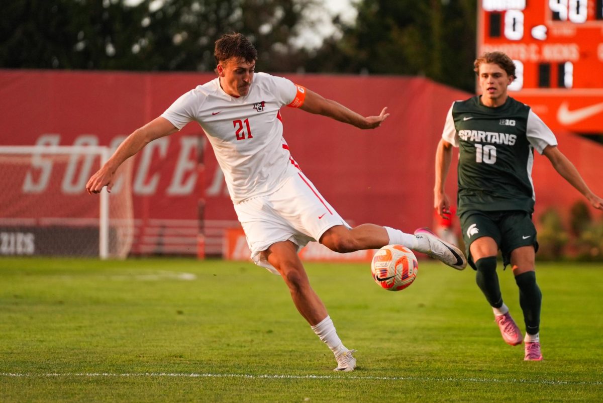 Bowling Green, OH - Falcons senior forward Trace Terry (21) scores the game winner at Cochrane Stadium in Bowling Green, Ohio.