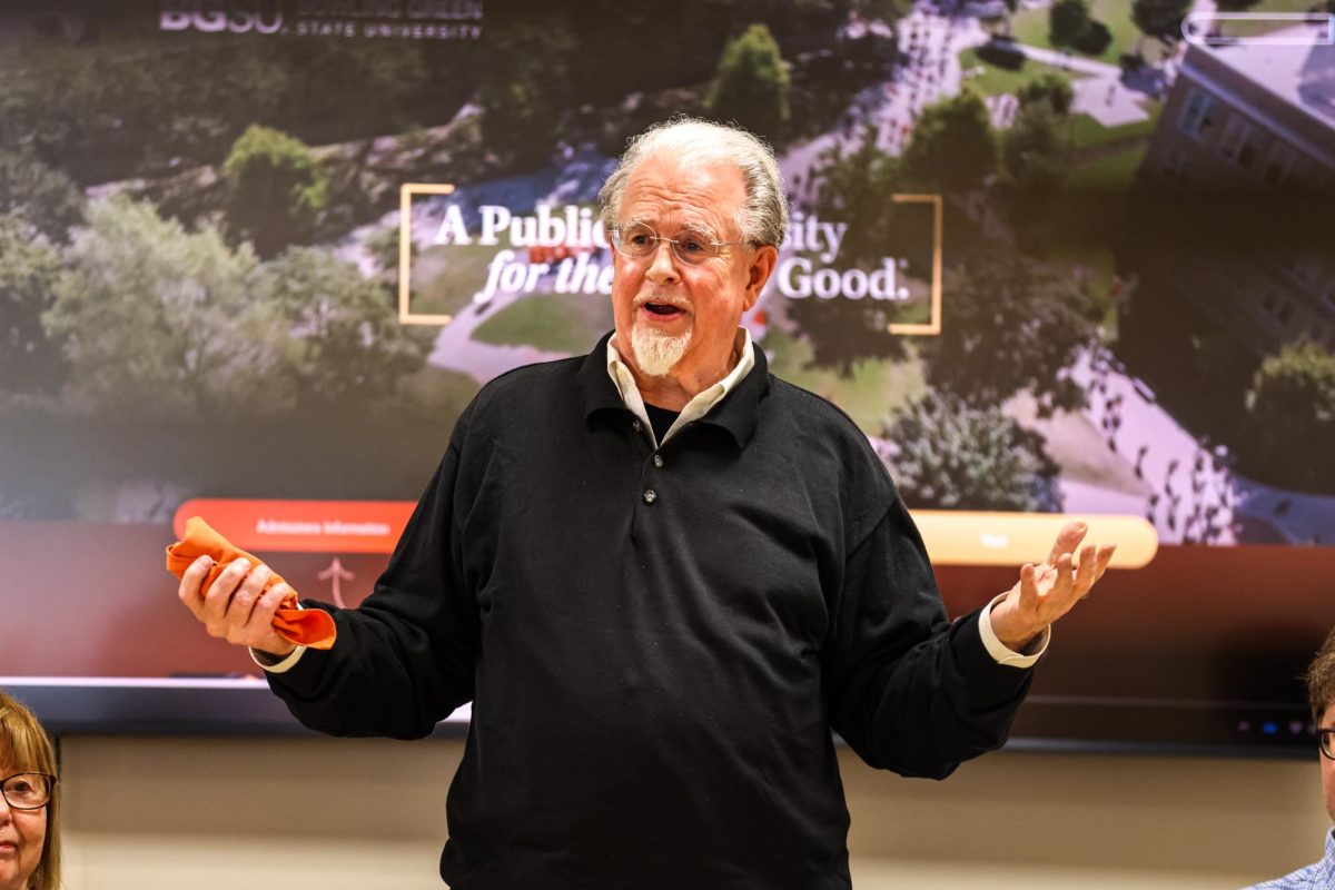 Bowling Green, OH - BGSU alumni Tom Gouttierre ('62, '01) speaks at the breakfast he sponsored in the Bowen-Thompson Student Union in Bowling Green, Ohio.