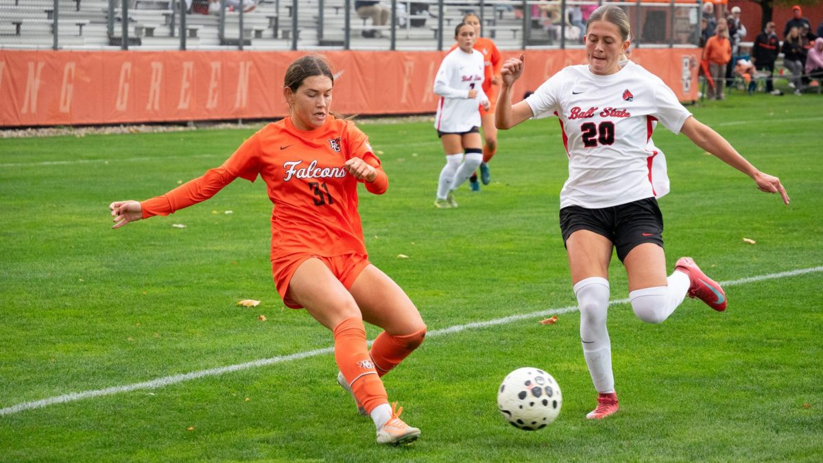 Bowling Green, OH - Falcons redshirt junior defender Jayna Searles (31) goes for a ball against a Cardinal at Cochrane Stadium in Bowling Green, Ohio.