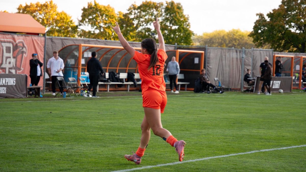 Bowling Green, OH - Falcons junior defender Gabby Lamparty (12) celebrates after scoring a last-minute goal against Akron at Cochrane Stadium in Bowling Green, Ohio.