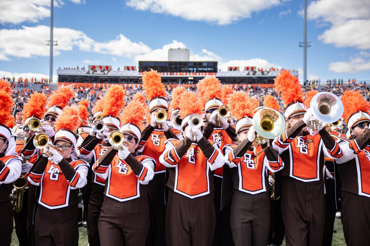 Bowling Green, OH - The Falcon Marching Band performs at halftime of the Battle of I-75 against the Toledo Rockets at Doyt L. Perry Stadium in Bowling Green, Ohio.