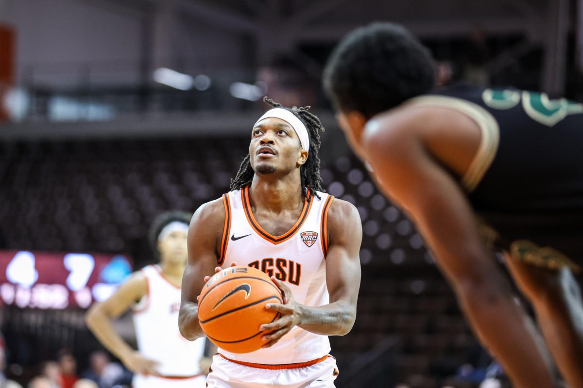 Bowling Green, OH - Falcons senior guard Javontae Campbell (2) prepares to shoot a free throw in a contest against Bethany College at the Stroh Center in Bowling Green, Ohio.
