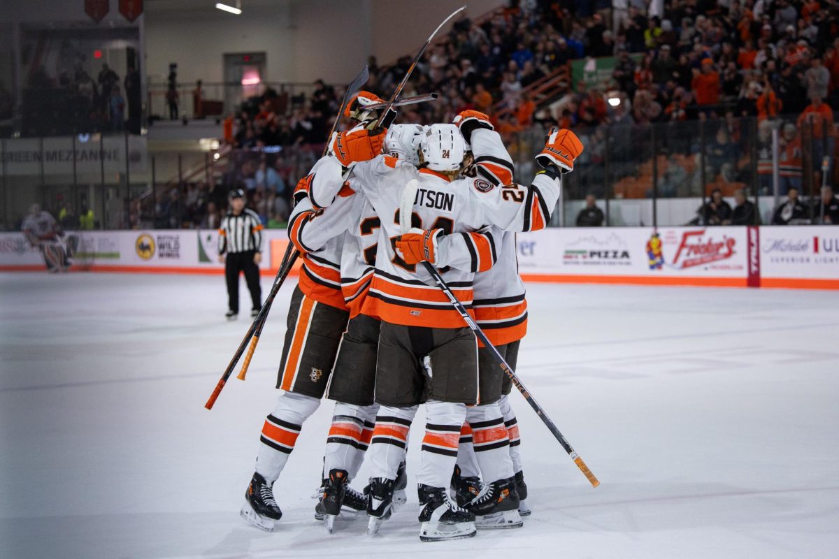 Bowling Green, OH - Falcons mob senior forward Jaden Grant (28) after his goal at Slater Family Ice Arena in Bowling Green, Ohio.