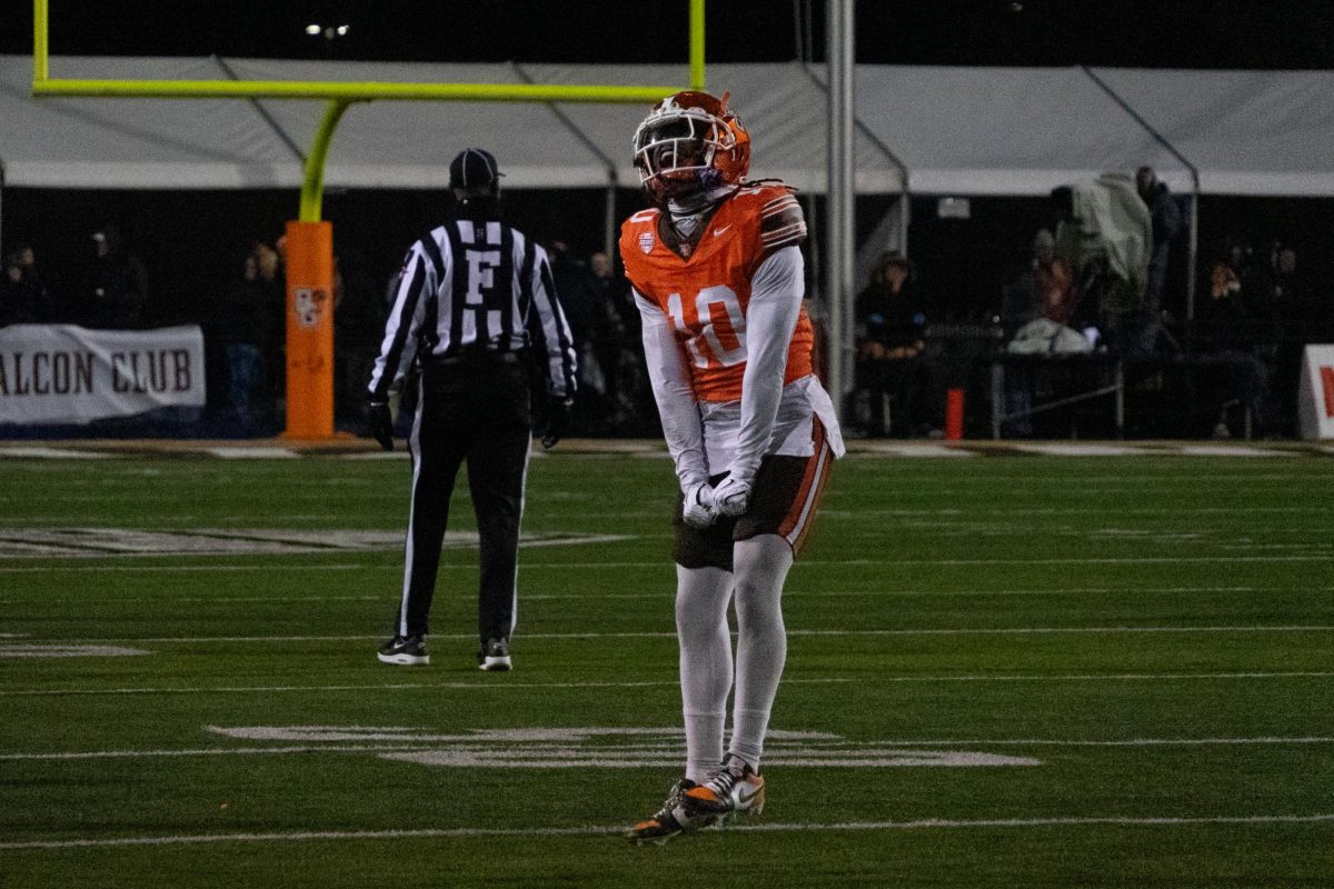 Bowling Green, OH - Falcons senior cornerback Jojo Johnson (10) celebrates after making a big stop at Doyt L. Perry Stadium in Bowling Green, Ohio.