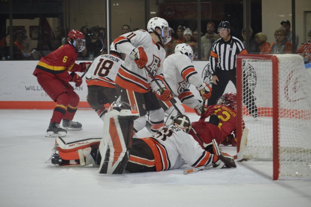 Bowling Green, OH - Chaos in front of the Falcon net at the Slater Family Ice Arena in Bowling Green, Ohio.
