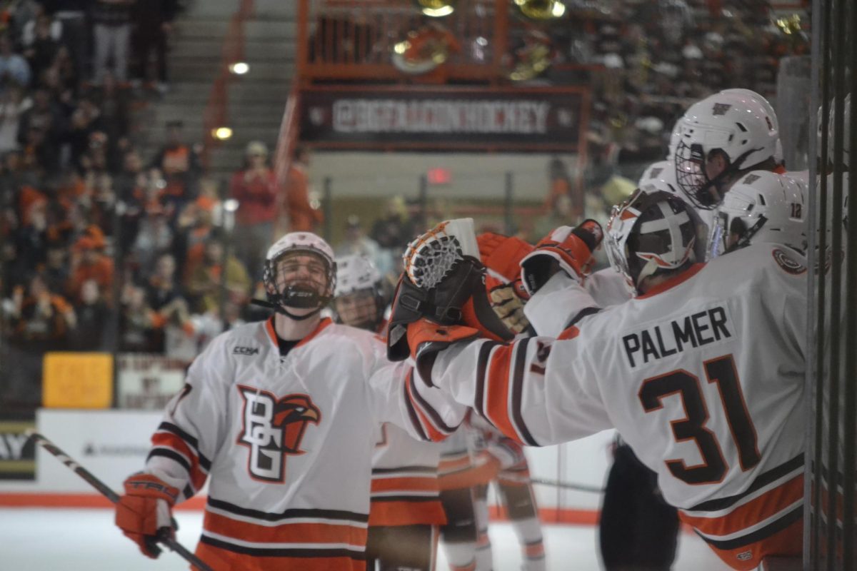 Bowling Green, OH - Falcons celebrating one of the many goals at the Slater Family Ice Arena in Bowling Green, Ohio.