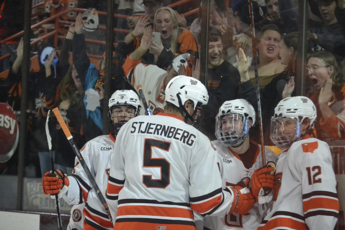 Bowling Green, OH - Falcon players and fans celebrating a goal at the Slater Family Ice Arena in Bowling Green, Ohio.