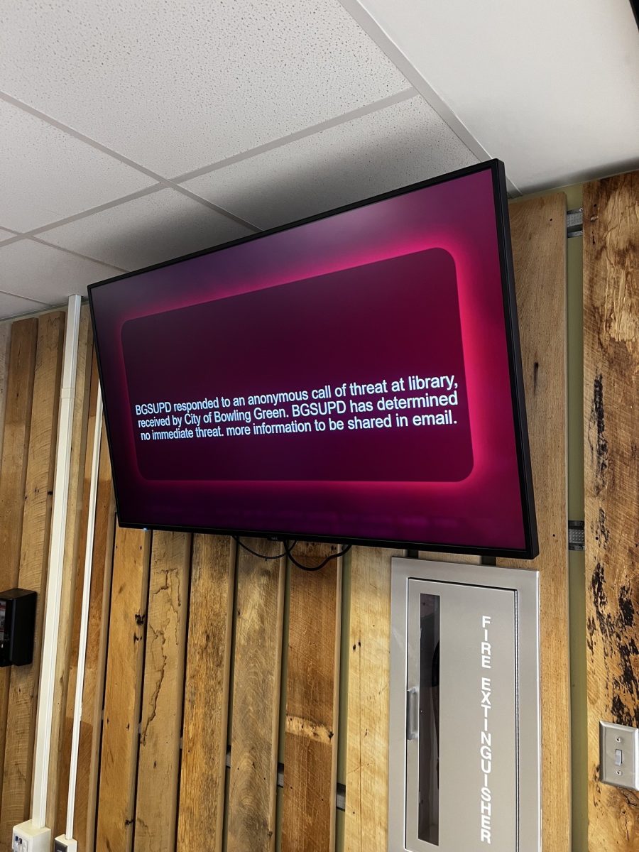 TVs in the Bowen-Thompson Student Union display a message on the event