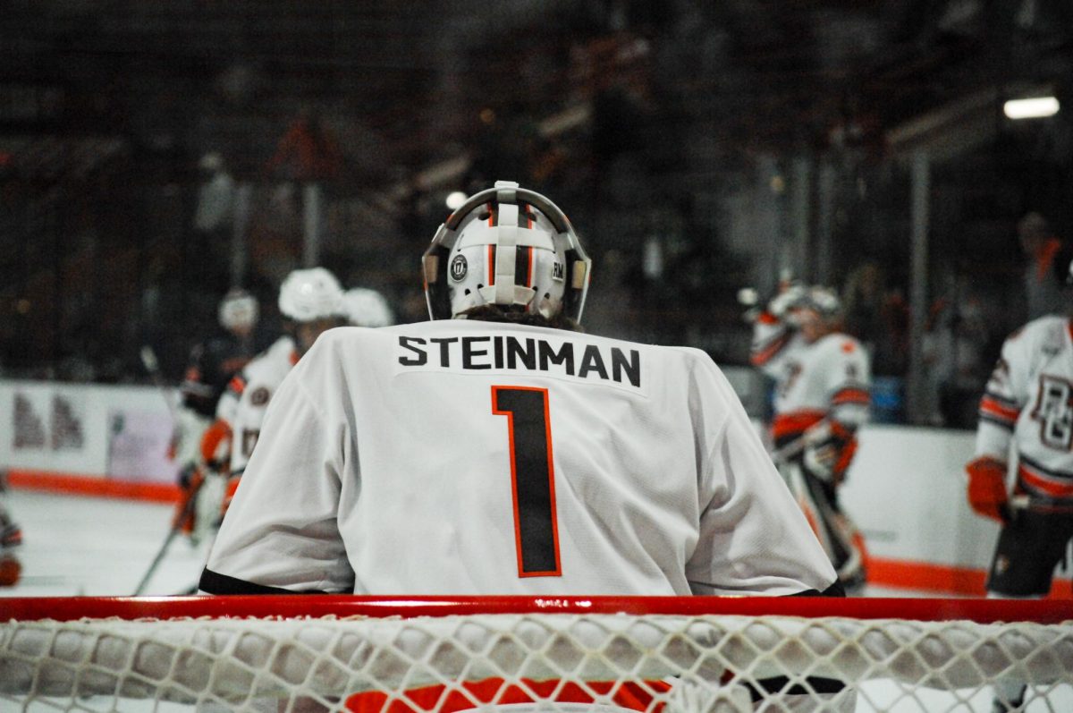 Bowling Green, OH- Falcon freshman goalie Jacob Steinman (1) defends the net at the Slater Family Ice Arena in Bowling Green, Ohio.