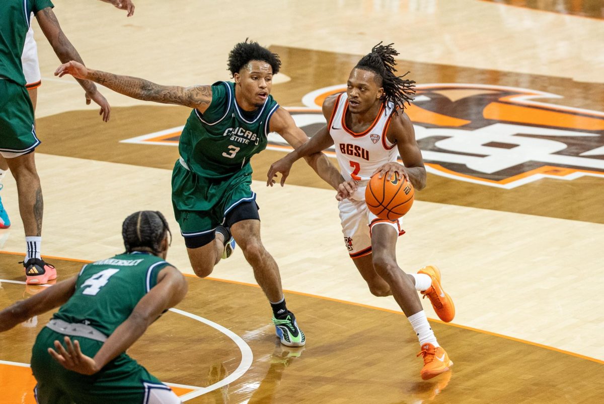 Bowling Green, OH - Falcons senior guard Javontae Campbell (2) driving to the hoop at the Stroh Center in Bowling Green, Ohio.