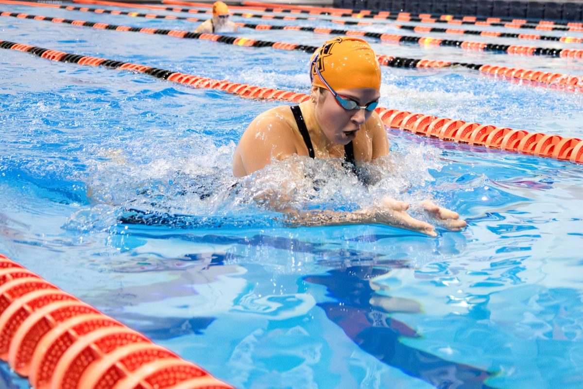 Bowling Green, OH - Falcons freshman Lauren Jablonski swims the 200 yard breaststroke in a meet with Toledo at the Cooper Pool in Bowling Green, Ohio.