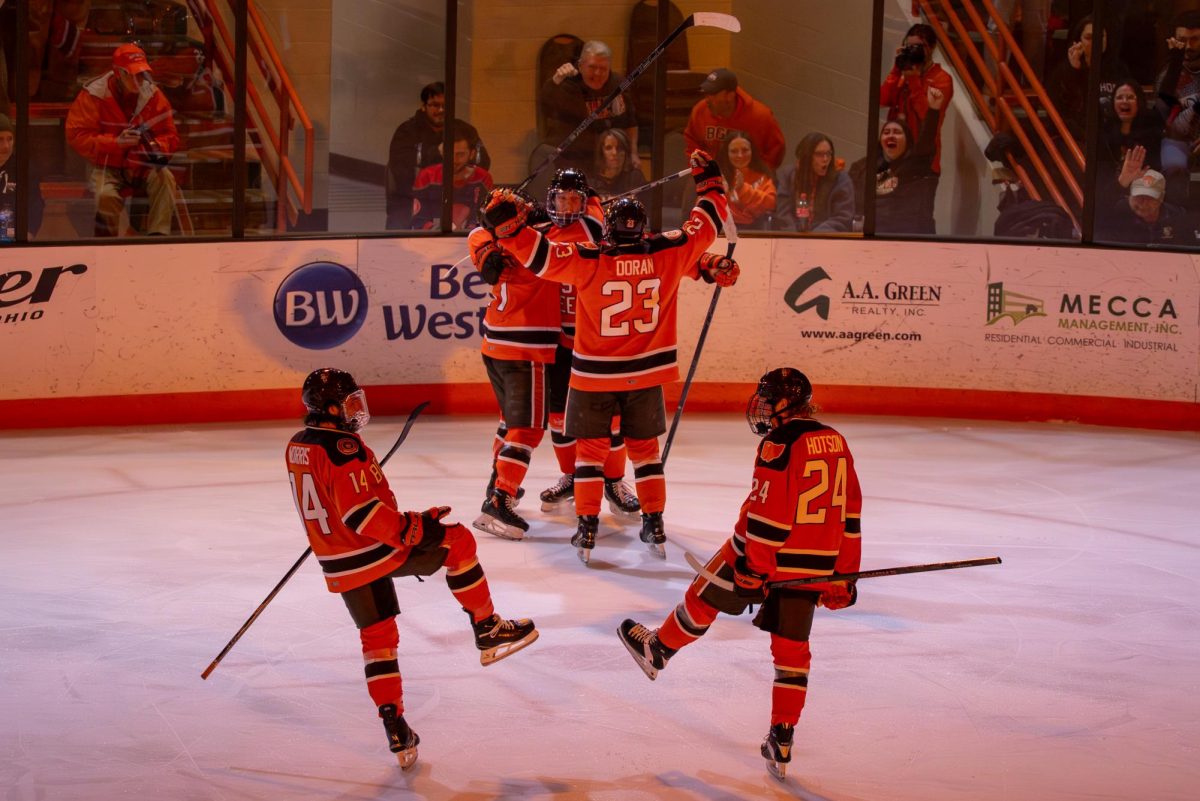 Bowling Green, OH - Falcons celebrating after the 5th goal of the game at Slater Family Ice Arena in Bowling Green, Ohio.
